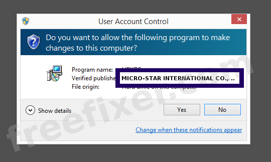 Screenshot where MICRO-STAR INTERNATIONAL CO., LTD appears as the verified publisher in the UAC dialog